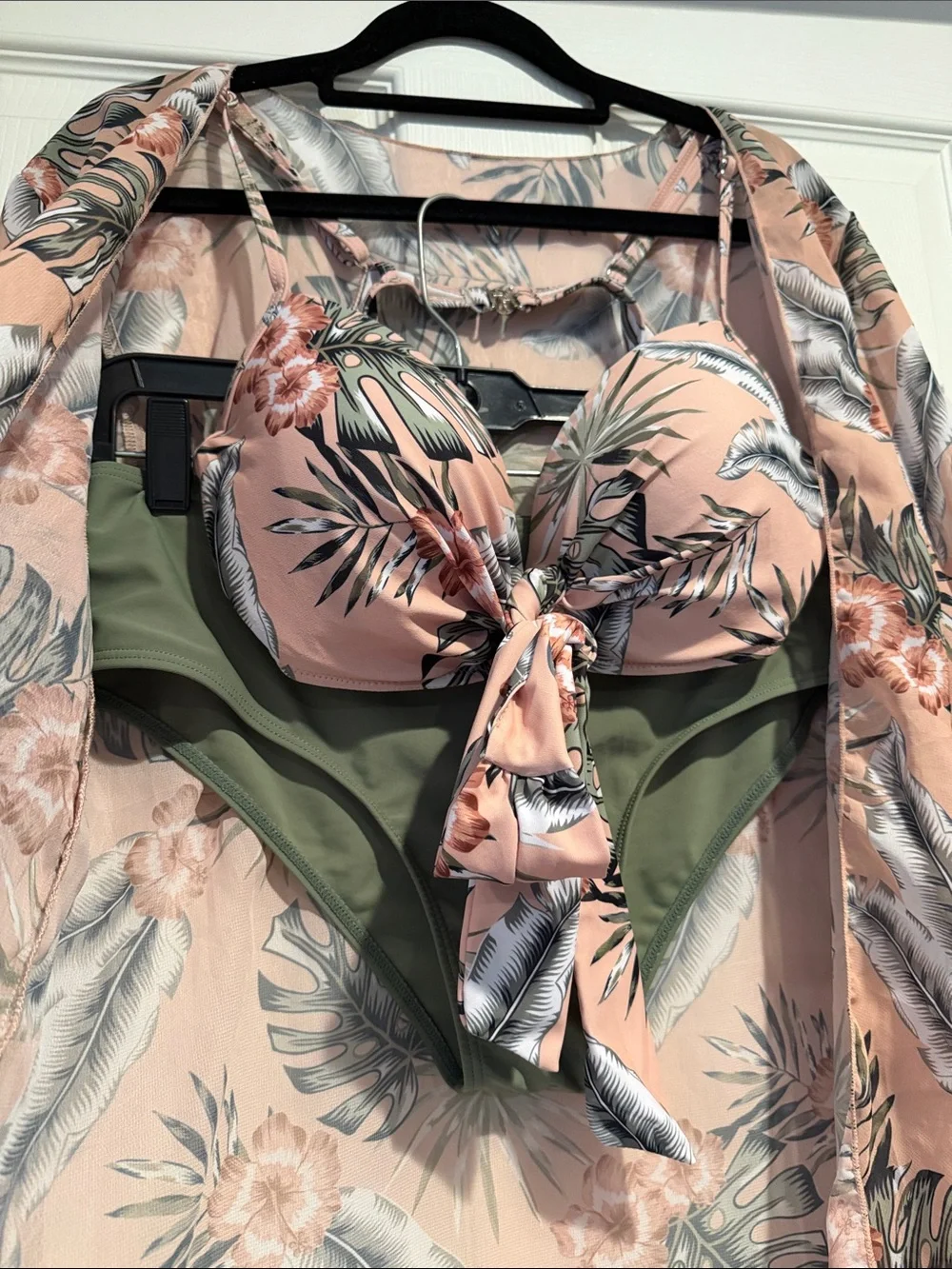 Tropical Print Bikini Set with Cover-Up - Peach Floral